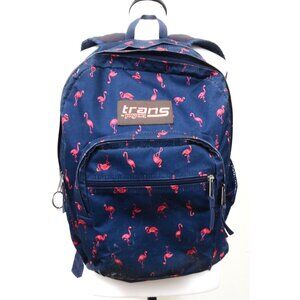 Trans by Jansport Navy Blue Backpack Pink Flamingos Zip Pockets School Book Bag